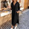 JPNTKY Модные летние весенние однотонные принтованные повседневные платья с V-образным вырезом и длинным рукавом