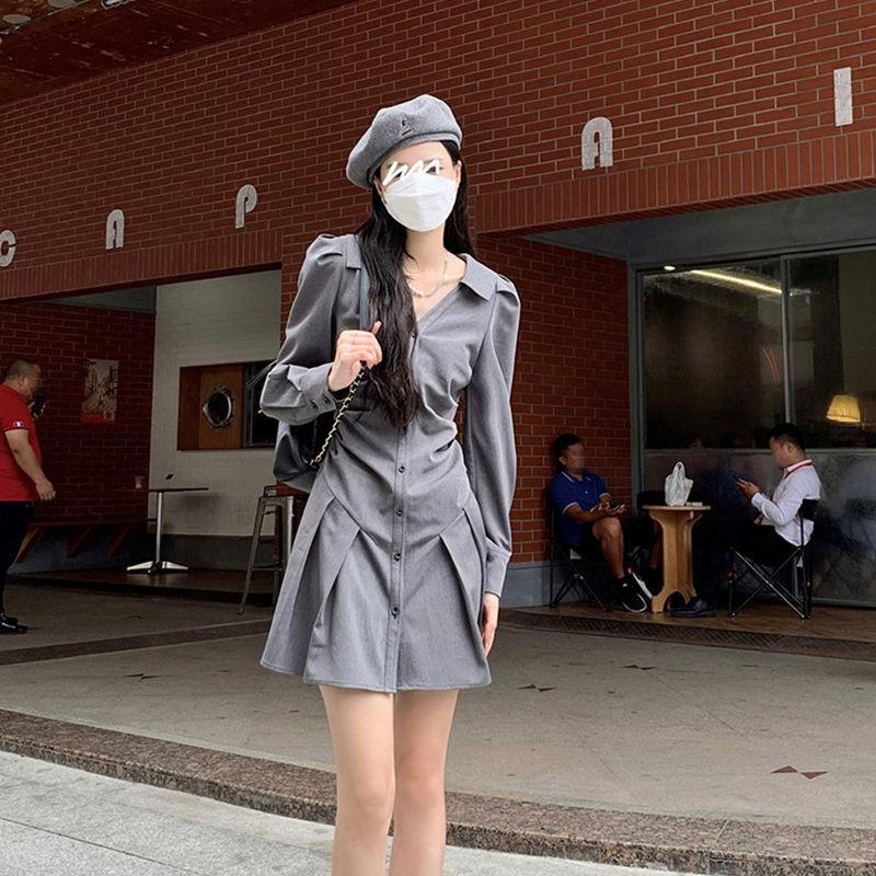 Платье-рубашка с v-образным вырезом, женское весеннее тонкое милое платье-пиджак с воротником, повседневное модное элегантное серое сексуальное платье