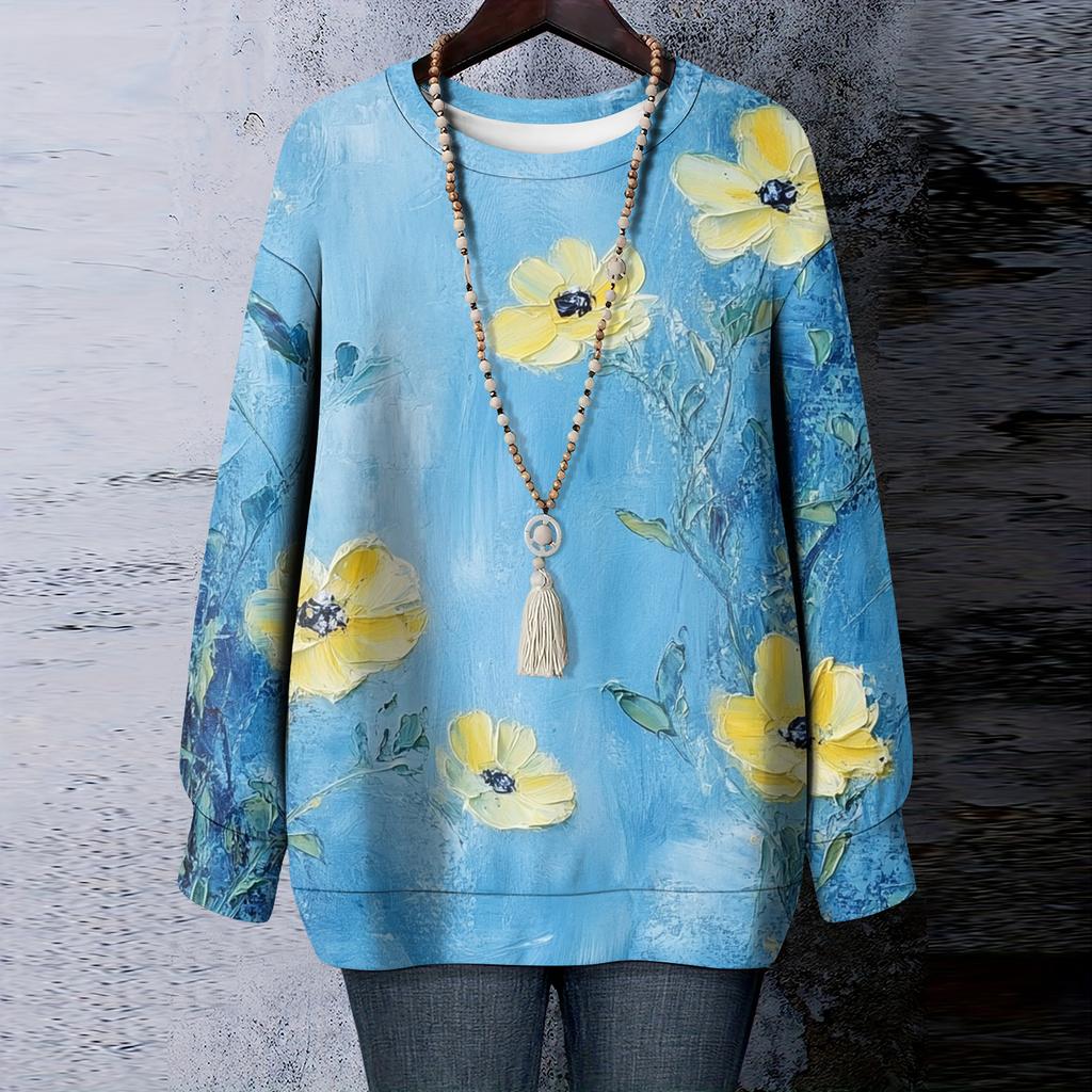 Женская футболка с цветочным принтом, круглым вырезом и длинными рукавами, свитшот