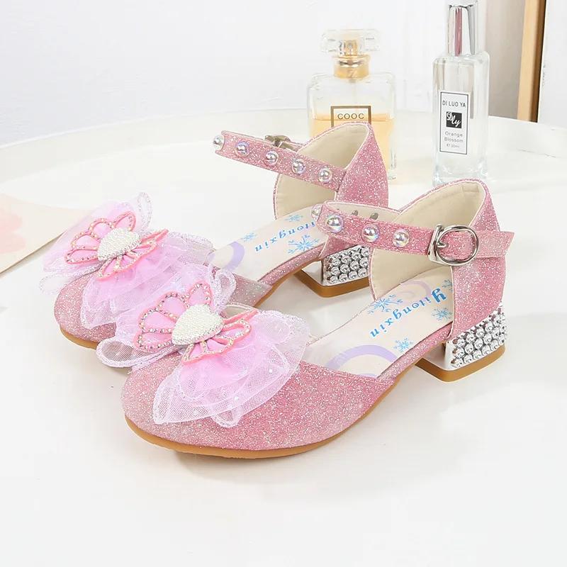 2024 Children High Heels Sandals Summer Girls Causal Wedding Party Princess Shoes Fashion Sequins Lace Bowtie Kids Dress Sandals