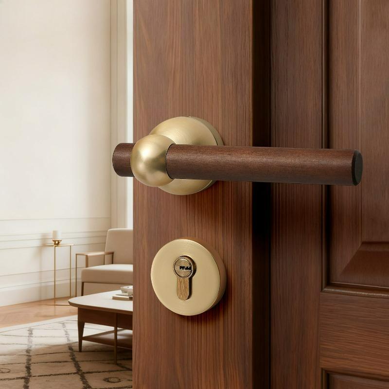 Middle Ancient Style Walnut Wood Interior Door Lock, Household Bedroom Silent/magnetic Universal Door Handle Lock