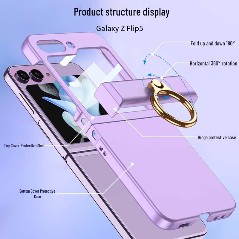 GKK Полностью закрывающий матовый чехол для Samsung Z Flip5 с кольцом-держателем и маленьким складным шарниром.