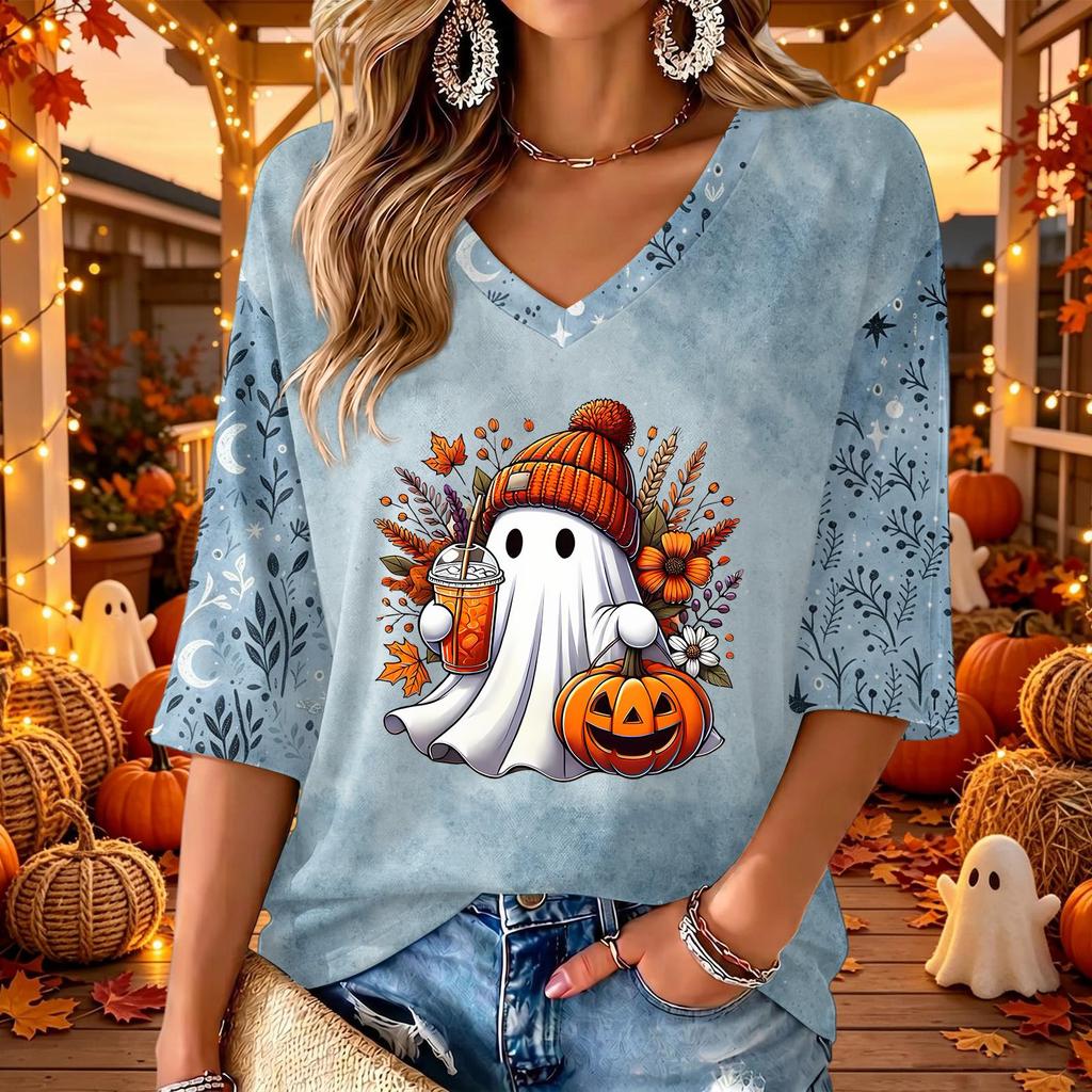 Women's V-Neck Casual Three-Quarter Sleeve Top with Halloween Print