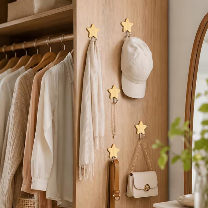 4pcs Self-adhesive star-shaped wooden hooks, strong adhesive wall-hanging hooks, suitable for bathrooms, kitchens and bedrooms