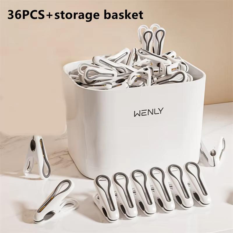 New 12/24/36-Piece Plastic Clothes Pins With Storage Basket Laundry Hanging Pegs For Socks Underwear Household Organization