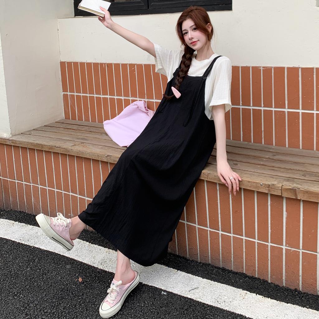 Dimanaf 2025 Summer Plus Size Dress Women Loose Casual Dress Basic Vintage Short Sleeve Elegant Long Fake Two-Piece Dress
