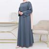 Muslim Women's Plus Size Satin Dress Middle East Simple Solid Color Loose Round Neck Belt Long Sleeve Dress