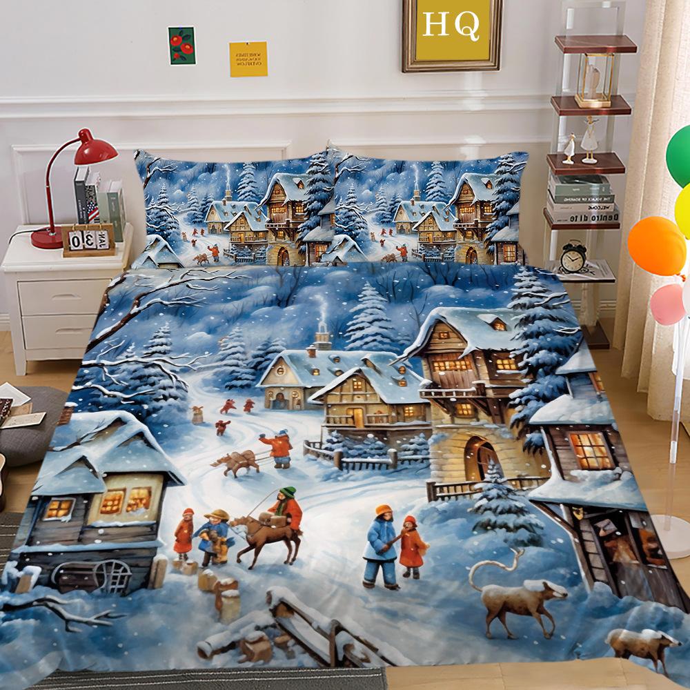 Рождественская карета, снежная сцена, 3D-принт, полиэстеровая наволочка, пододеяльник, набор из двух или трех предметов, можно