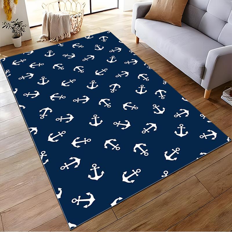 Nautical Anchor Pattern on Navy Blue Rug, Non-slip rug suitable for living room and bedroom sofas.