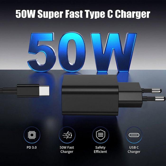 Chargeur Rapide 50W 2 Ports + Câble USB-C pour Samsung Galaxy S26 Ultra S25 S24 S23 Z Fold 8 - Noir