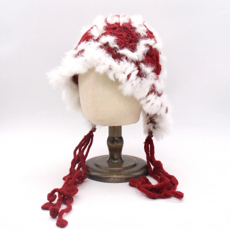Rabbit Fur Knitted Hairy Pullover Hat Female Winter Western Sichuan Travel Photo Show Face Small Ear Hat Tide