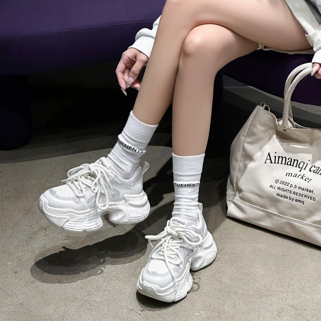 Silver Platform Versatile Dad Shoes Women's 2025 Spring New Heightening Muffin Women's Shoes Small Rhinestone Sneakers