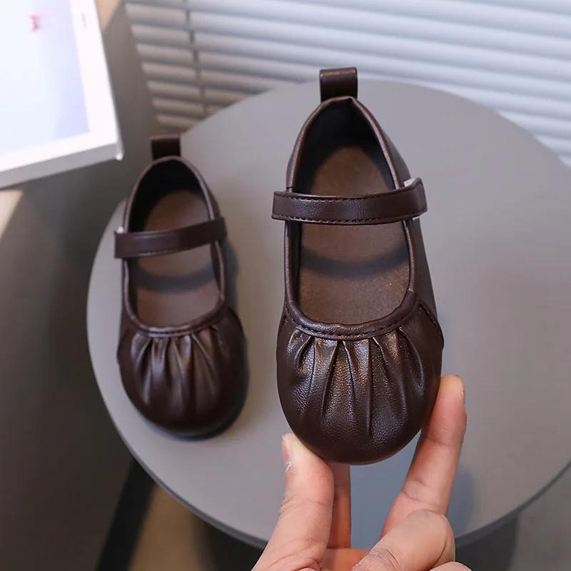 Новые шикарные однотонные балетки для девочек, детские модные плиссированные кожаные туфли, мягкие милые туфли принцессы для танцев, для вечеринки, свадьбы