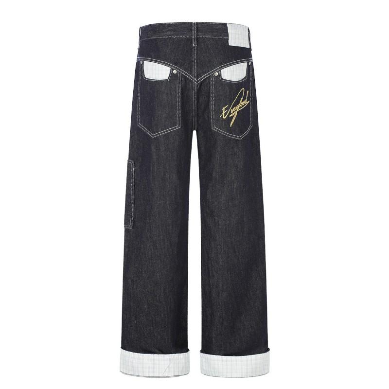 American Retro Plaid Jeans Men Women Loose Straight Leg With Patches Embroidery