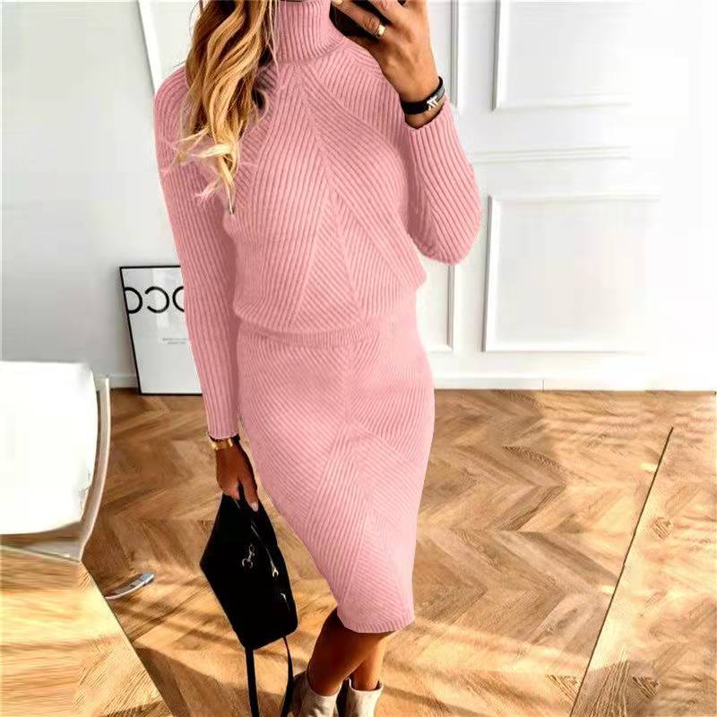 2024  Autumn and Winter New Women‘s European and American Turtleneck Knitted Solid Color Pullover Sweater Suit Skirt