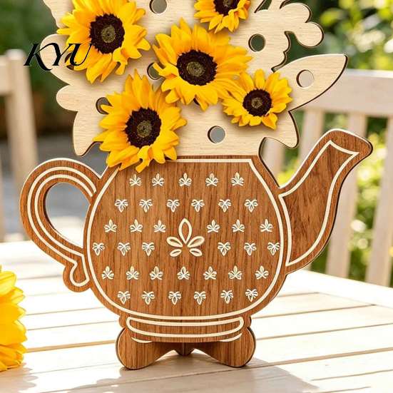 Gift for Craft Lovers Wooden Teapot Shape Flower Holder, Natural Wood Floral Display Stand, DIY Retro Pastoral Decor Blank Vase Artificial Arrangement