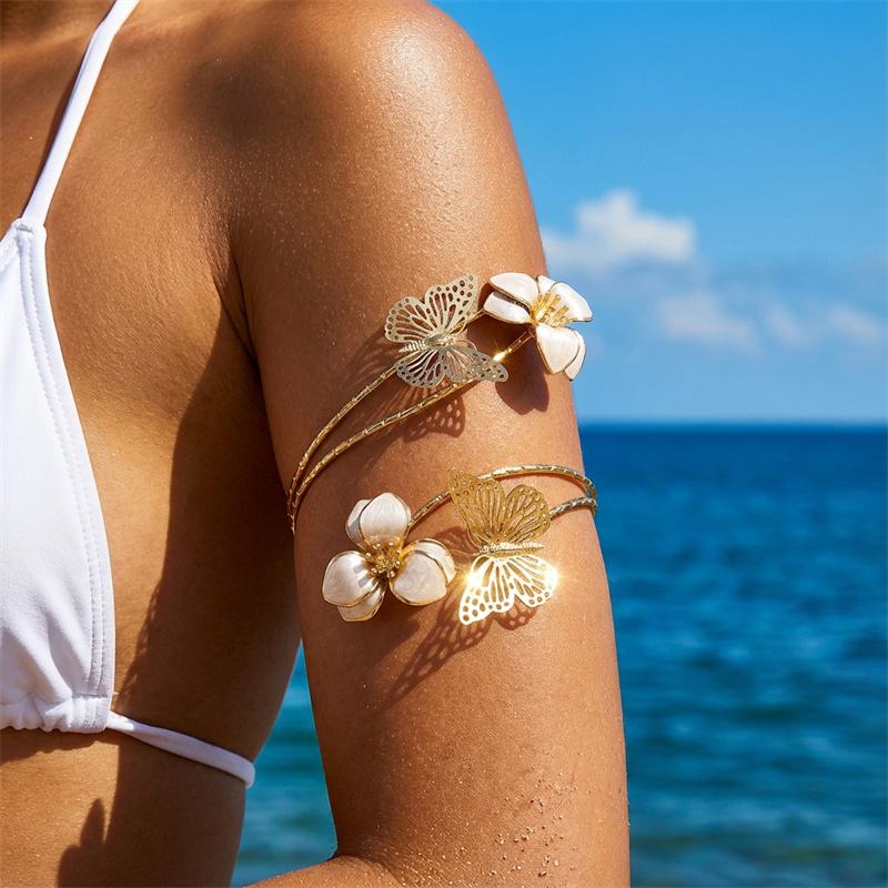 Boho Hollow Butterfly Flower Arm Cuff Bracelets for Women Elegant Enamel Floral Upper Arm Bangle Music Festival Jewelry Gift