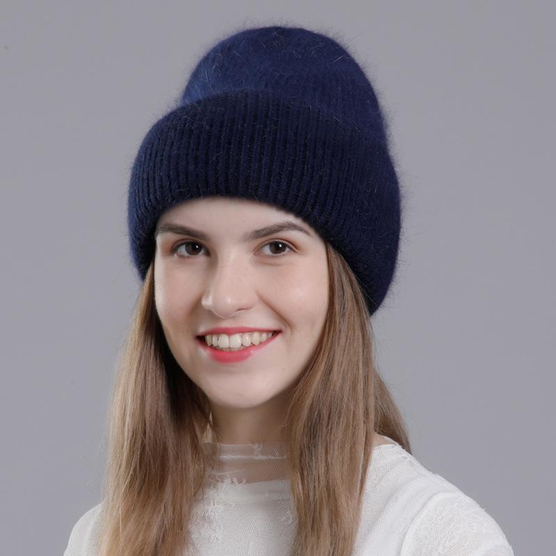 Women Autumn Winter Versatile Rabbit Hair Warm Knitted Wool Solid Color Pullover Hat