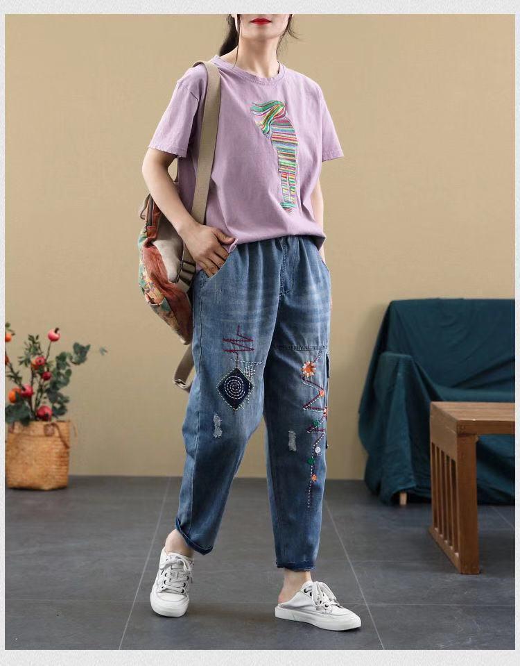 Женские ретро джинсы с вышивкой, рваные, с эластичной талией - зауженный гаремный стиль для весны и осени (Тенденция 2025 года)