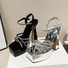 Liyke Дизайнерские Кристальные Стразы Узкий Ремешок Женские Массивные Босоножки на Платформе Сексуальный Квадратный Носок Супер Высокий Каблук Свадебная Банкетная Обувь