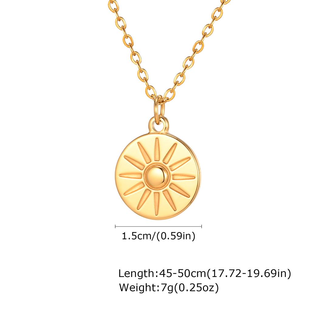 Dainty Sunburst Coin Pendant Necklace, Stainless Steel 18K PVD Gold Plated Waterproof Tarnish Free Celestial Layering Jewelry
