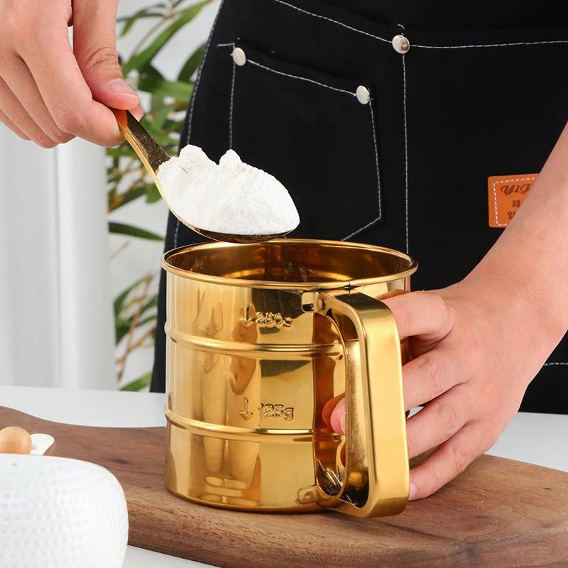 Полуавтоматический просеиватель муки с мелкой сеткой и измерительной шкалой из нержавеющей стали, фильтр для сахарной пудры, чашка, сито для кухни, выпечки