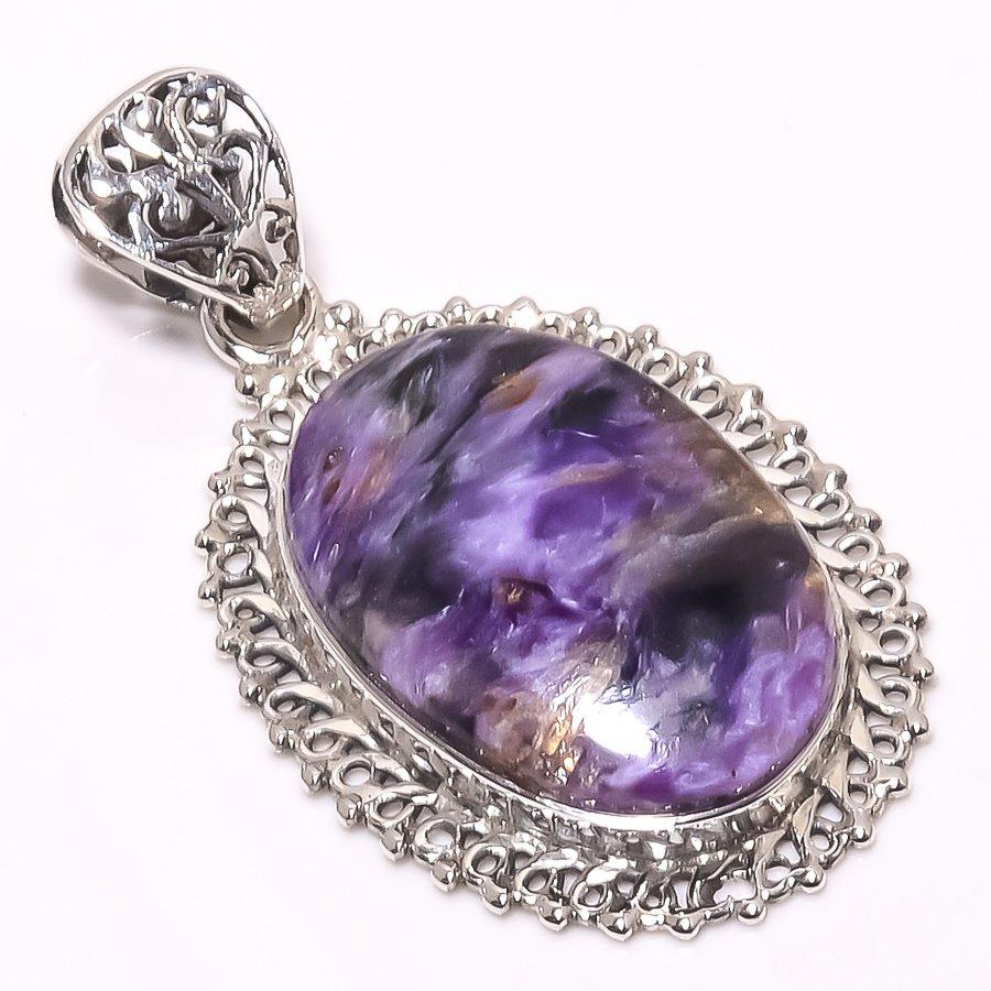 Natural Charoite Gemstone Handmade 925 Solid Sterling Silver Pendant 1.77" Y5r76