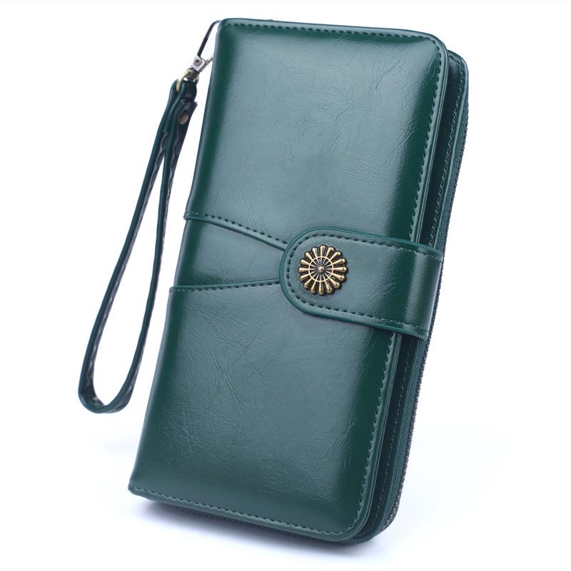 Versatile Oil Wax Leather Wallet Card Bag Long Splicing Phone Bag Multi Card Coin Bag Zipper Handbag Y183