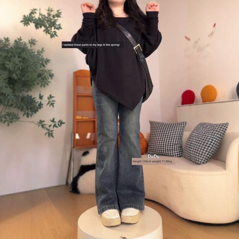 Vintage Flared Jeans for Women, Spring Season, Plus-Size, Slimming, Pear-Shaped Body, Thick Legs, Wide Hips, High-Waisted Wide-Leg Pants