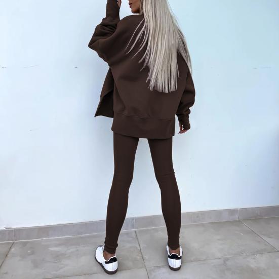 2 шт./комплект женский топ брюки костюм круглый вырез длинный рукав асимметричный подол толстовка эластичный пояс однотонные брюки зимний повседневный спортивный костюм