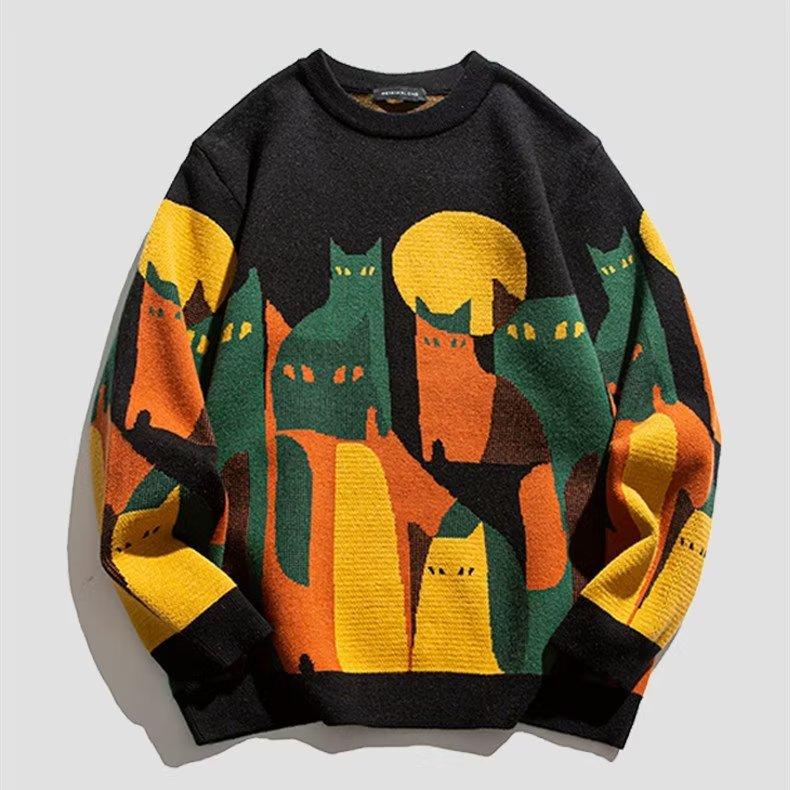 Autumn Knitted Sweater Men Women Winter Harajuku Cartoon Full Cat Print Pullover Vintage Causal Loose Sweaters Streetwear