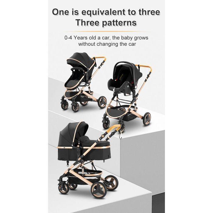 Poussette 3 en 1 Bébé Combinée Siège-Auto Nacelle Trio Réversible Réglable Haute Qualité Roues increvables Canne.