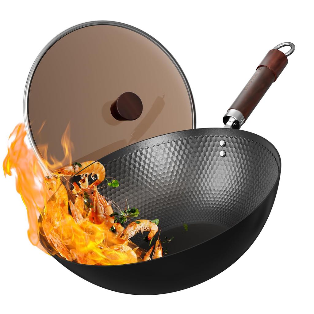 Armorbear Чугунный вок со стеклянной крышкой, 30 см, Углеродистая сталь, Плоское дно, Подходит для индукционных плит, Тройная нитридная обработка для высокой устойчивости к ржавчине