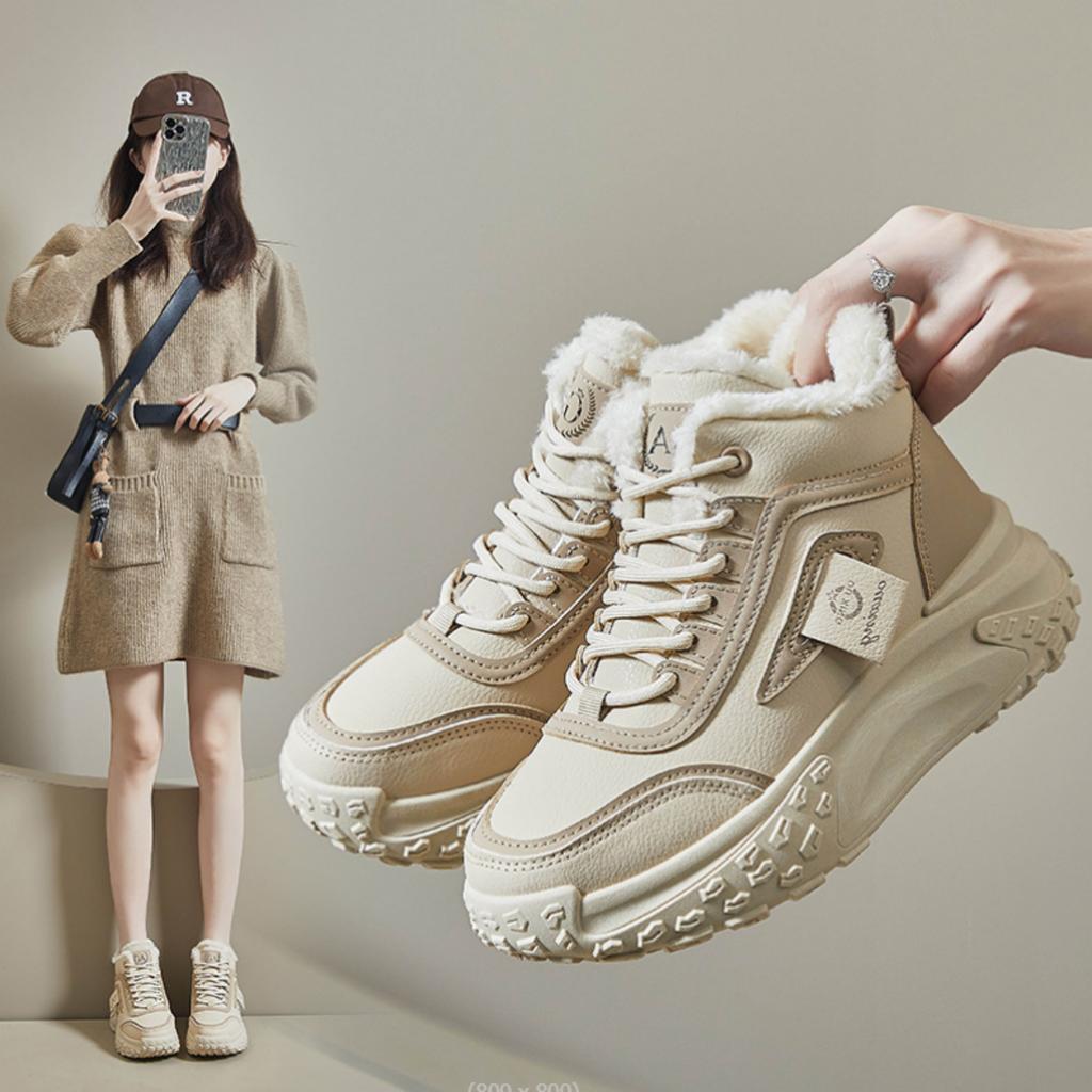 Модные зимние высокие кроссовки 2024 года на толстой подошве для женщин, плюшевая платформа 4,5 см, хлопковая обувь, корейские женские универсальные теплые меховые зимние ботинки для активного отдыха