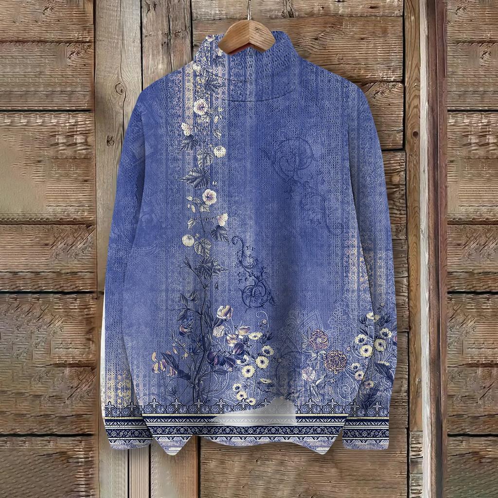 Женская мода повседневная с длинным рукавом и принтом, с высоким воротом, шерстяной трикотаж