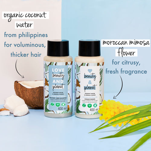 Love Beauty And Planet Coconut Water and Mimosa Flower Sulfate Free Volume Conditioner and Bounty Shampoo, 400ml