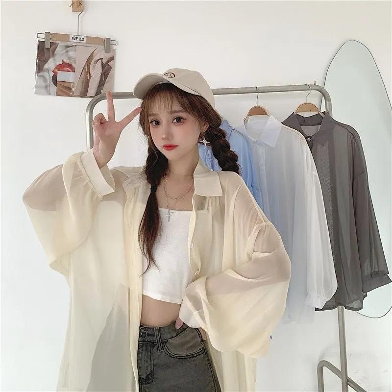 Шифоновые женские блузки с длинными рукавами, рубашки на пуговицах, тонкие солнцезащитные, с отложным воротником, мягкие универсальные женские топы, свободные в корейском стиле