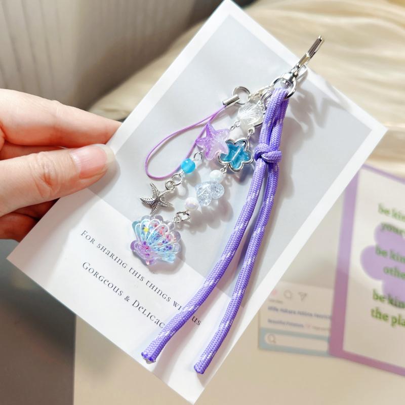 Sweet Purple Shell Star Dolphin Keyring Beaded Keychain Phone Chain Backpack Bag Pendant Charm Car Key Decoration Accessories