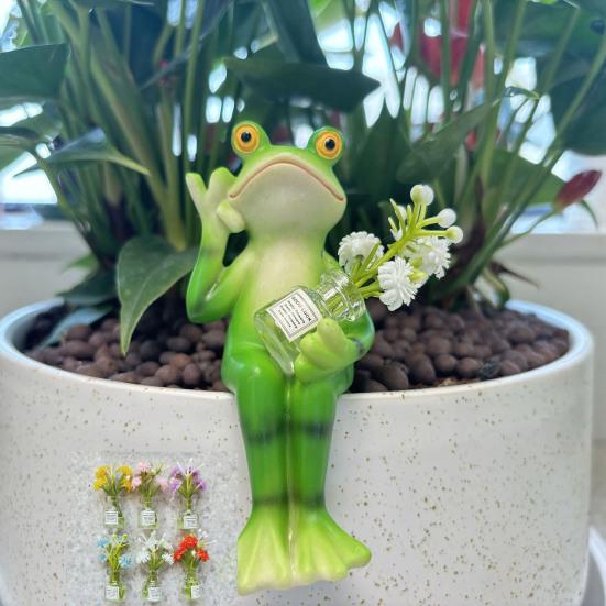 Cartoon Frog Figurine Holding Vase Milk Tea Frog Statue Resin Animal Sculpture Outdoor Garden Flower Pot Hugger Ornament