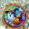 Colorful pumpkin and ghost pattern round wooden hanging plaque indoor outdoor wall art decor farmhouse halloween party home ornament gift
