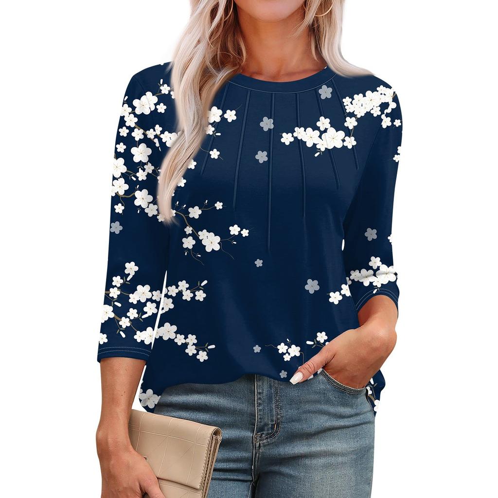 Женская модная повседневная футболка с круглым вырезом и рукавом семь четвертей в стиле ретро с принтом, плиссированная футболка