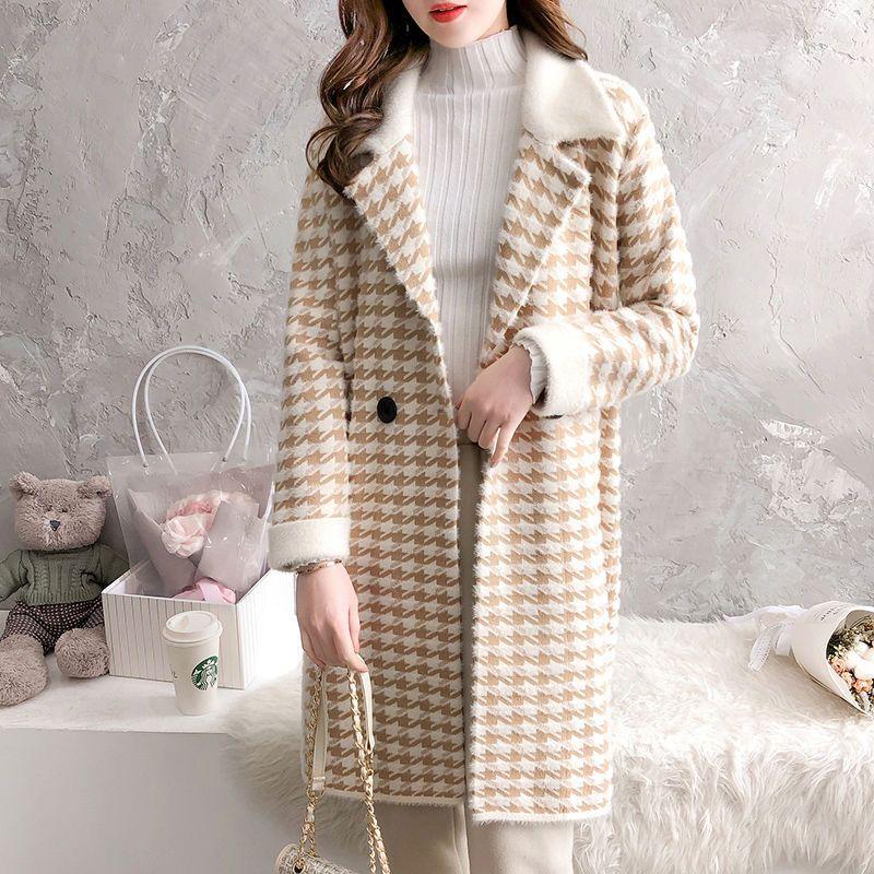 New Arrival High-end Women's Dark Mink Cashmere Overcoat with Thickening Design, Autumn and Winter Korean-style Fashionable Houndstooth Jacket