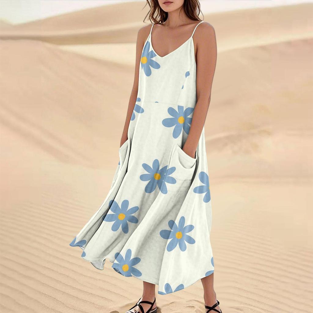 Women's Casual V Neck Floral Print Sleeveless Pocket Suspender Dress