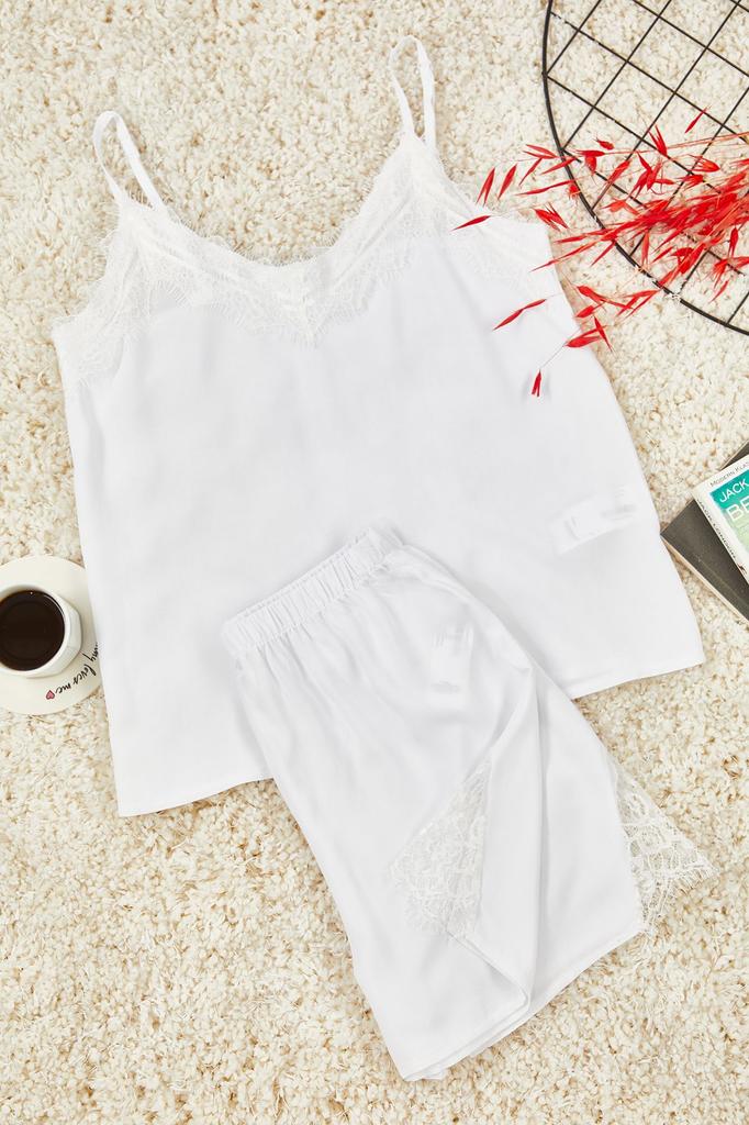 Women's Fashion White Lace Rope Strap Viscose Woven Pajama Set