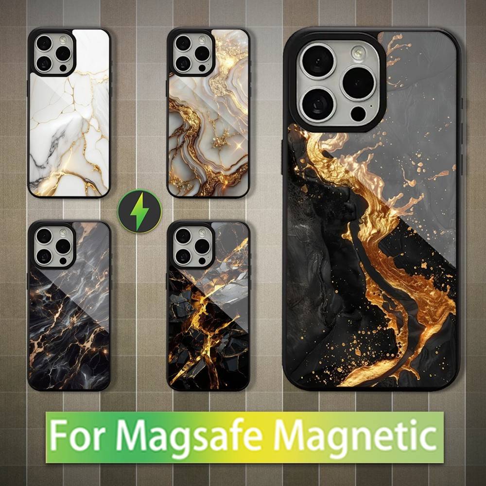 Черный золотой мраморный чехол для iPhone 15, Mini, 13, Max, 11, 12, Pro, 16, 17, 14, Plus, Для Magsafe, Магнитный чехол для беспроводной зарядки