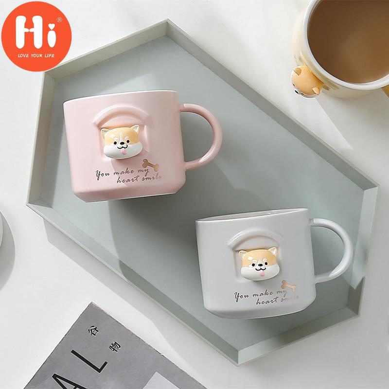 Hi 3D Ceramic Shiba Inu Akita Dog Coffee Mug Fancy Cartoon Animal Tea Cup With Lid And Spoon For Dog Lovers Milk Hot Water Mug