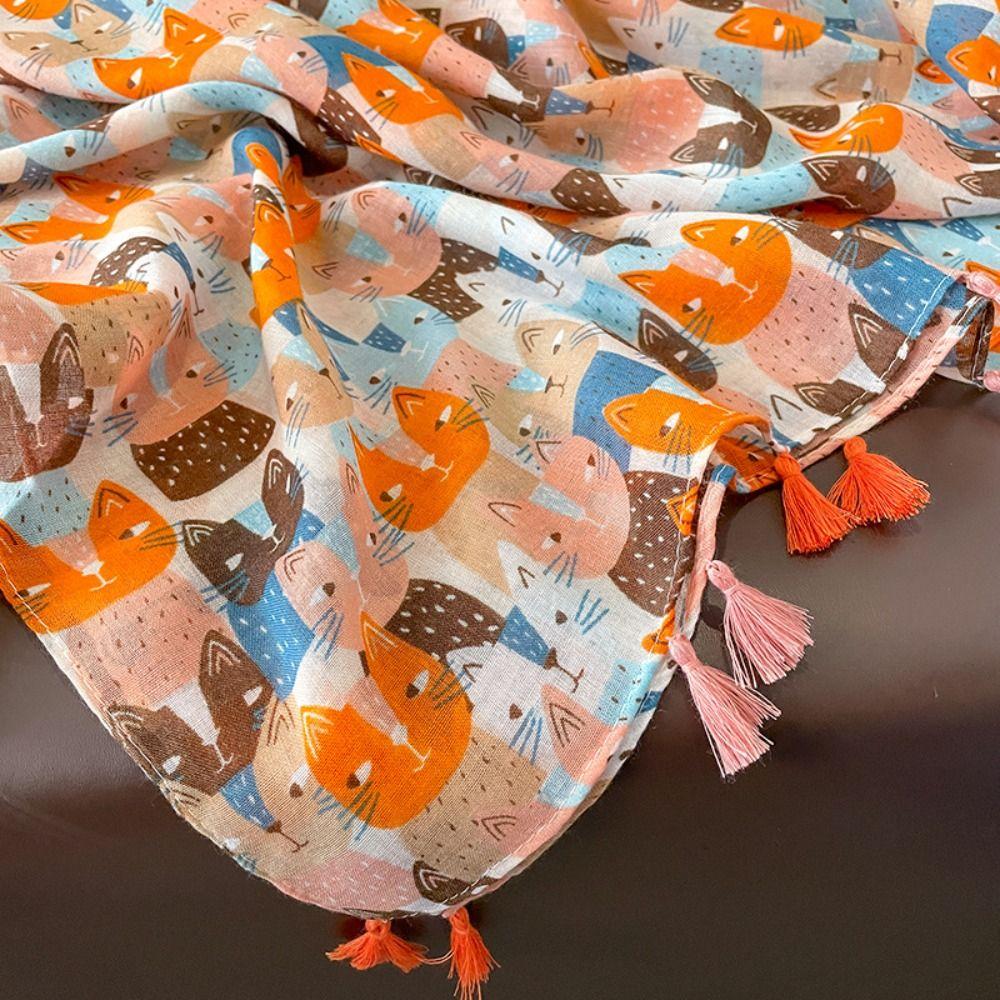 Bohemian Cat Pattern Tassel Scarf Long Animal Print Scarves Elegant Ethnic Style Wrap Female