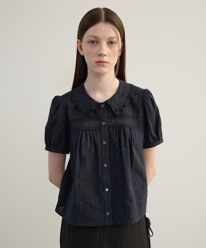 TTUDEMENT Puff Sleeve Lace Blouse Navy