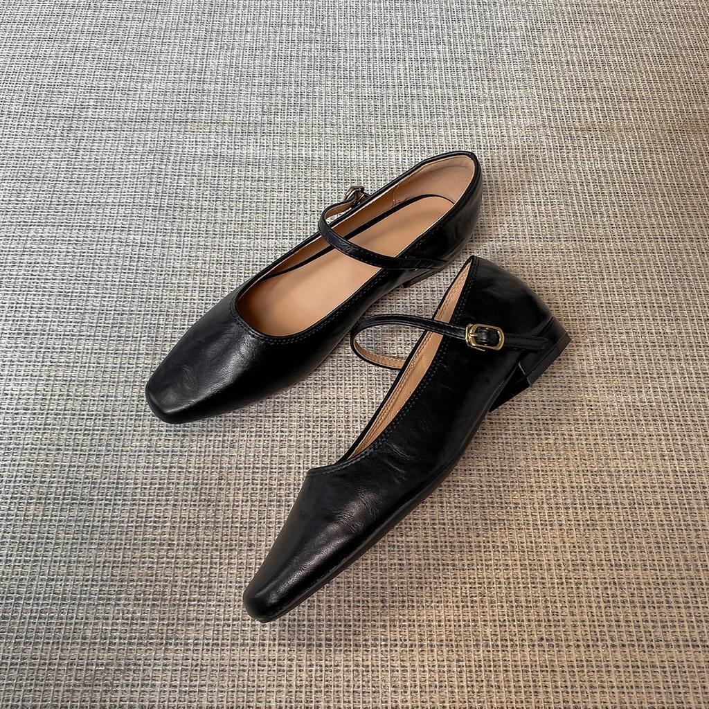 Washed Cowhide~ Retro Ballet Flat-soled Single Shoes Women's Leather Folds with Mary Jane Shoes Temperament Low Heel