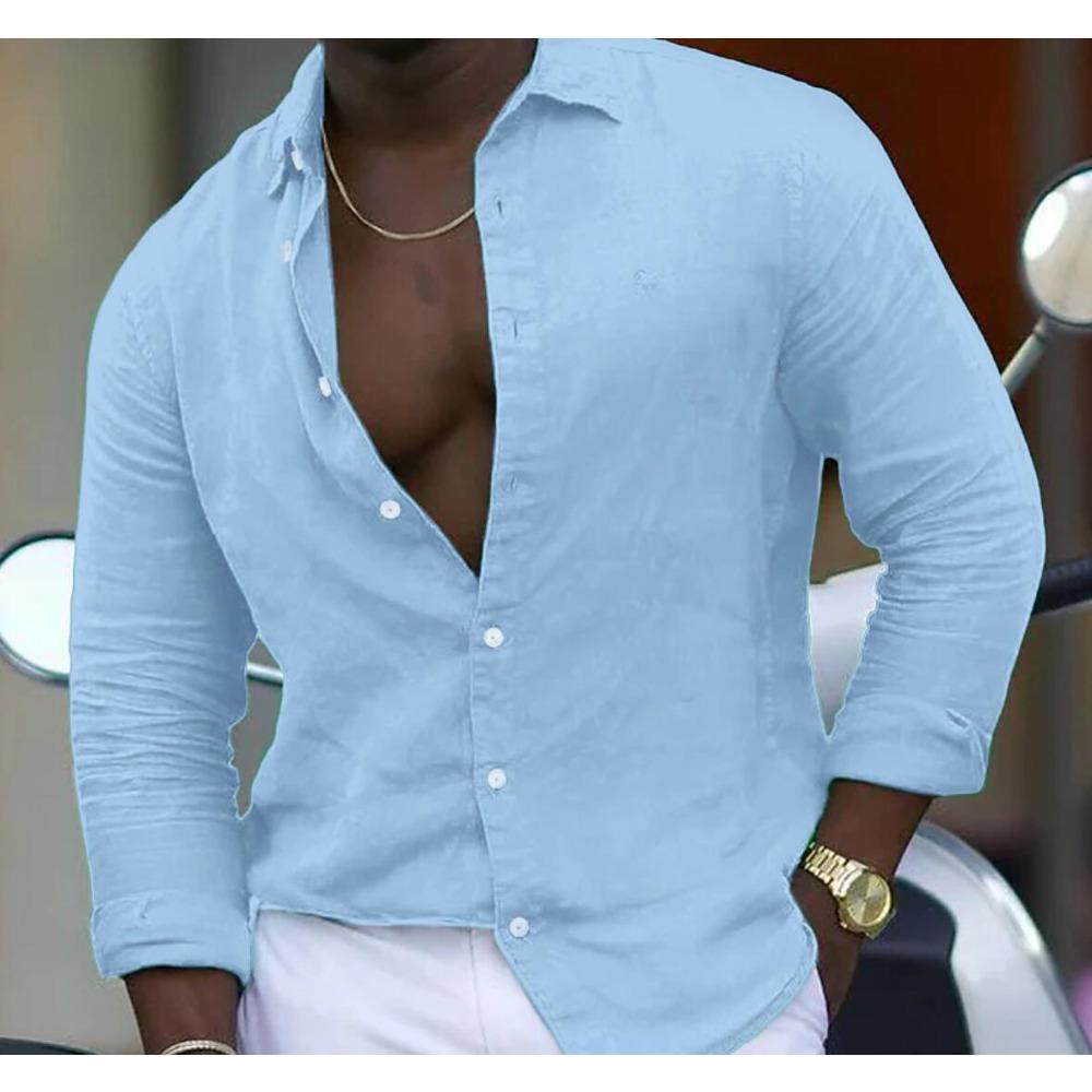 New Cotton-linen Blend Men's Long-sleeved Shirt Solid-colour Casual Collared Shirt